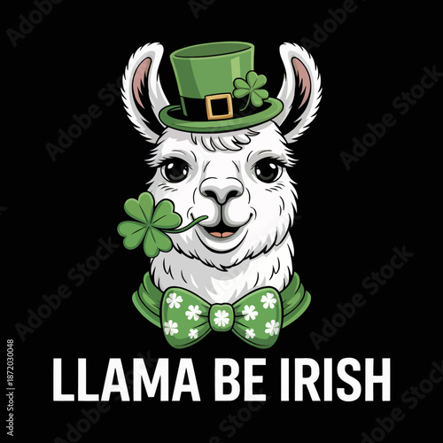 A cartoon llama wears a green leprechaun hat and holds a shamrock in its mouth.