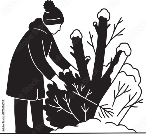 Person Decorating Christmas Tree in Winter Snowy Scene