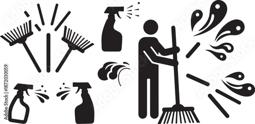 Cleaning Supplies and Person with Broom and Sprays