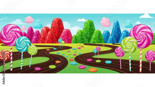 Whimsical Candy World A Sweet Dreamscape with Lollipop Forests and Chocolate Paths