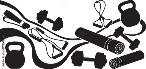 Fitness equipment in black silhouette on white background