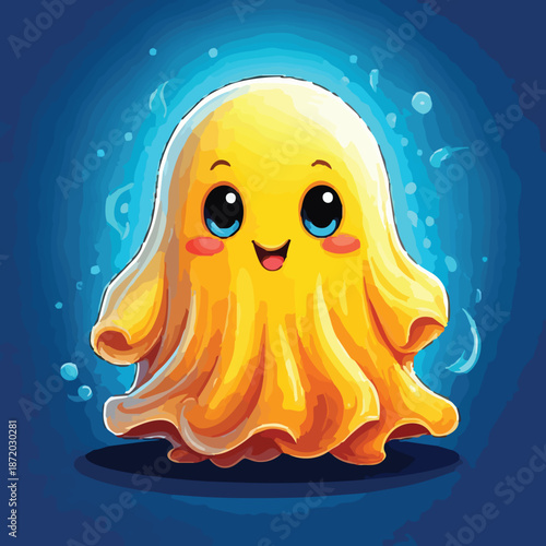 Adorable Yellow Ghost Cartoon Character with Big Eyes and Rosy Cheeks.