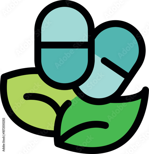 Two capsules resting on green leaves symbolize herbal supplements and their connection to natural health and wellness