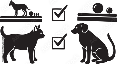 Dogs and Cats Silhouette with Checkmarks and Toys