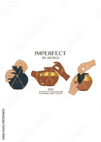 Imperfect by Design Kintsugi Silhouette. Hands Repairing Pottery for 2026 Authenticity, Resilience and Sustainable Craft Concept Vector.