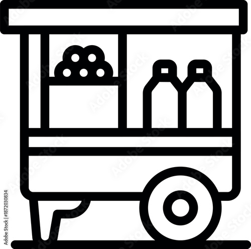 Mobile food cart selling fresh produce and bottled drinks, ideal for representing street vending, urban food culture, or quick snacks