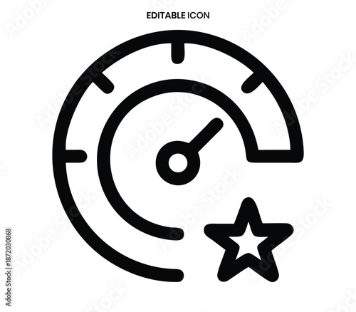 Simple black and white icon depicting a speedometer with a star representing speed and quality