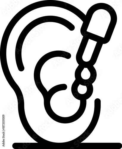 Ear drops being applied to human ear, simple black icon representing ear cleaning or medication