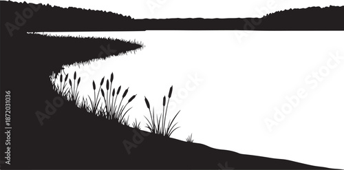 Serene black and white lake landscape silhouette scene