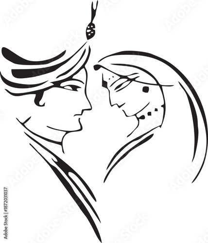 Minimal indian wedding couple line art isolated on white background, Vector