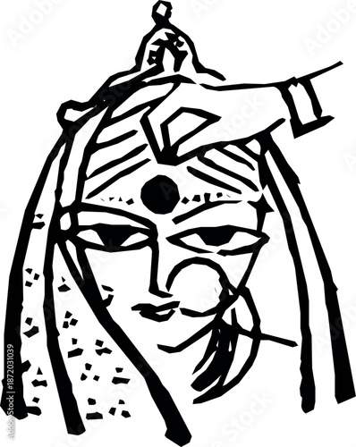 Indian woman hair adornment line art isolated on white background, Vector