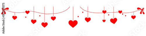 Decorative Valentine’s Day garland with hanging red hearts on a white background. Ideal for romantic banners, invitations, headers, social media designs, and seasonal love-themed graphics.