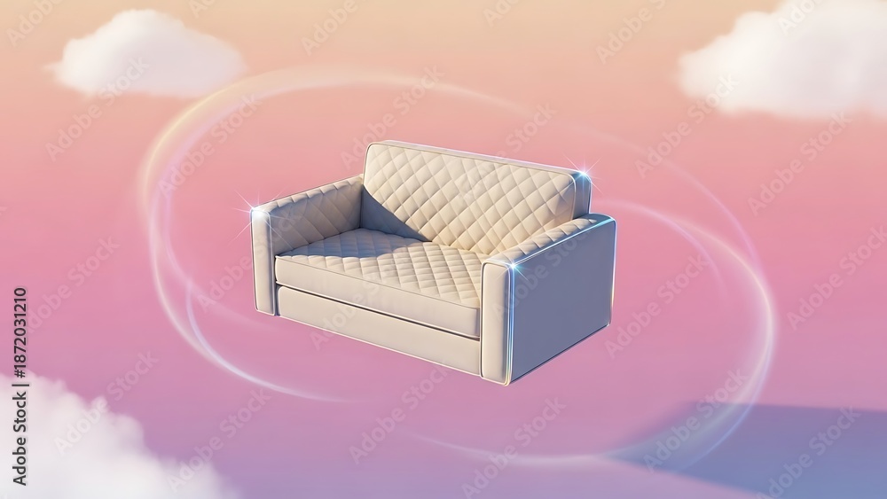Fototapeta premium Elegant Quilted Armchair with Iridescent Glow Floating in a Surreal Pastel Dream Sky