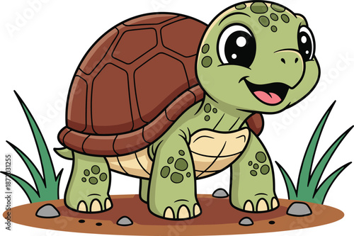 Cute smiling cartoon turtle standing on the ground with grass and stones, adorable baby tortoise illustration for kids