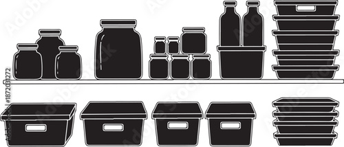 Black and white kitchen storage containers illustration
