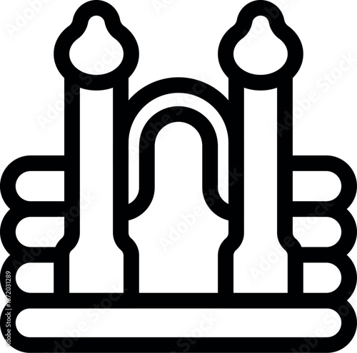 Inflatable bouncy castle featuring two towers and an arch, designed for children's playground entertainment