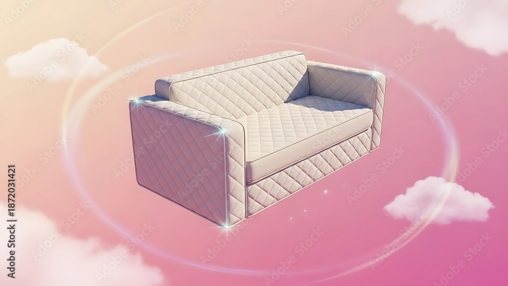 Obraz premium Chic Quilted Sofa Floating in Pastel Pink Sky, Sparkling Edges, Dreamy Aesthetic