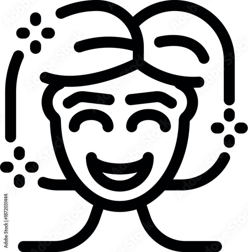 Line drawing of a cheerful woman experiencing euphoria, with sparkles surrounding her face, symbolizing joy and positive emotions