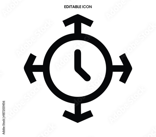 A minimalist black and white icon depicting a clock with arrows pointing in all directions