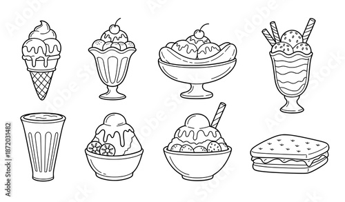 Cute black and white ice cream doodle line art icon set with hand drawn dessert illustrations