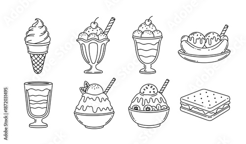Cute black and white ice cream doodle line art icon set with hand drawn dessert illustrations