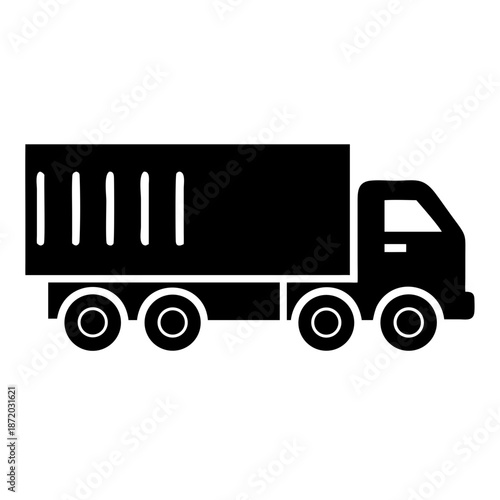 Simple black silhouette icon of a large truck used for transport and delivery