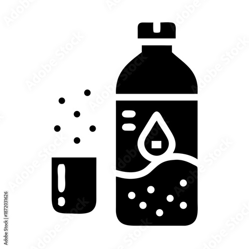 Effervescent drink bottle and glass icon symbolizing a refreshing beverage