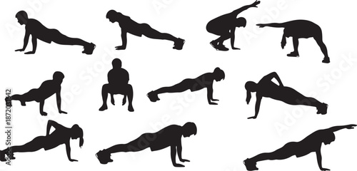 Various yoga poses in black silhouette style