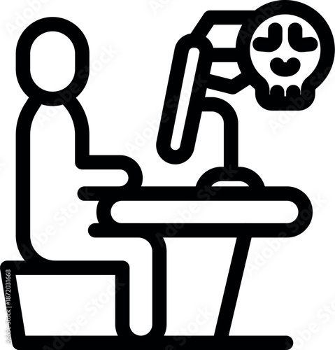 Office worker working with a skull icon looming over the computer screen, symbolizing the pressure of deadlines and stressful work environment