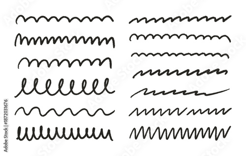 Hand drawn black crayon strokes, underlines, smears, strikethroughs, curls, wavy lines set. Pencil elements, doodle style chalk sketches. Vector illustration