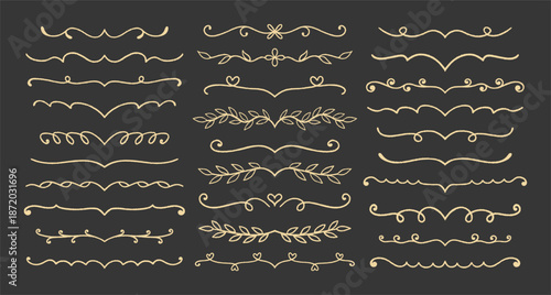 Flourish and dividers crayon drawn set. Gold pencil drawings. Doodle chalk decorative lines, underline, strikethrough, twigs with leaves. Hand drawn symbols on black bg. Vector illustration