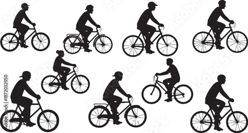 Silhouettes of cyclists in various riding positions and motions