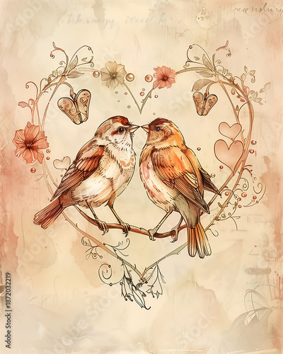 Two inseparable birds sit on a branch, their heads gently touching, forming the shape of a heart. Around them are delicate, slightly worn hearts, tiny rosebuds, and scattered pearls.