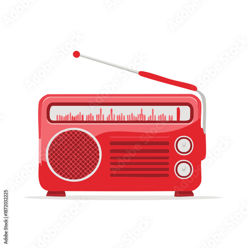 Illustration of a bright red vintage radio broadcasting music and news on a white backdrop, featuring an antenna
