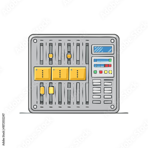 Gray Audio Mixer Controller with Sliders, Display, and Buttons for Sound Production and Audio Engineering