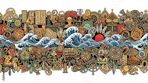 Swirling Ocean Waves and Intricate Cultural Ornamentation Pattern