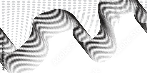 Dotted particles flowing black wave pattern isolated on gradient white background. Vector in technology, science, music, modern concept