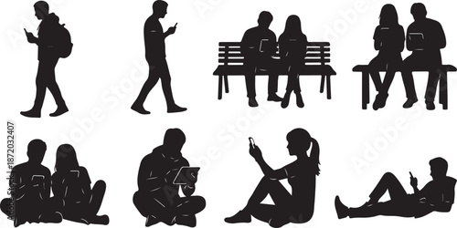 Silhouettes of people using phones in various settings daily