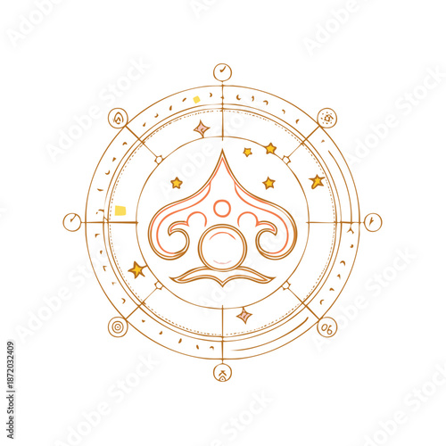 Ornate Celestial Design: Spiritual Symbol with Stars and Circles on White