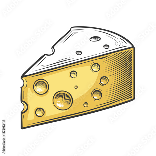 Engraved Illustration of a Wedge of Swiss Cheese with Holes