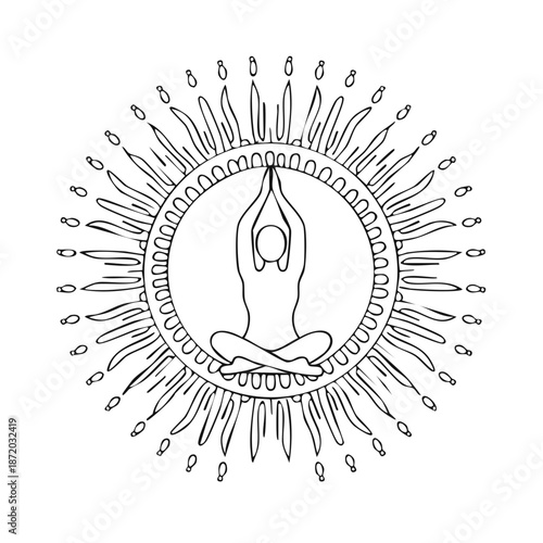 Yoga Pose Lotus Position Silhouette in Sunburst Mandala. Peaceful Meditation. Spirituality, Wellbeing, Zen Illustration