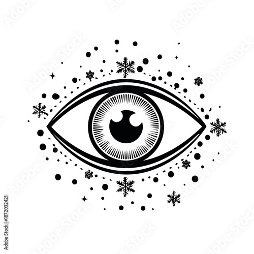 Eye with snowflakes and dots illustration, winter magic vision, fantasy concept design, decorative abstract image, black and white vector design