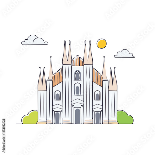 Stylized Drawing of a Gothic Cathedral with Clouds and Sun, Europe, Architectural Landmark