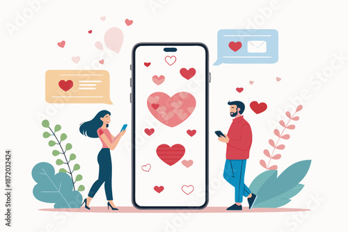 Couple using mobile dating application with hearts and chat bubbles symbolizing online romance and connection on valentine's day concept illustration