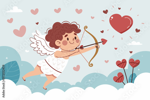 Cute cartoon cupid character with wings flying and shooting a bow and arrow with a heart shaped arrow towards a large red heart on a pastel background with clouds