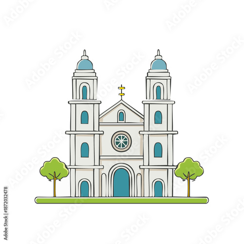 Drawn church with two towers, architectural monument vector illustration, building facade on green lawn, isolated