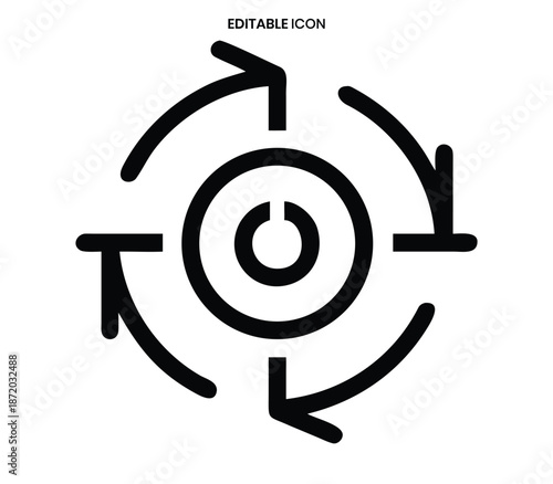 A simple black circular icon featuring arrows rotating around a central target symbol