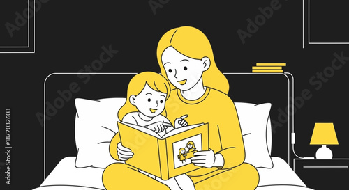 A heartwarming illustration of a mother and daughter reading a book together in bed