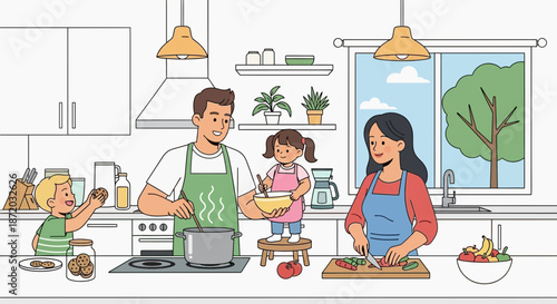 A heartwarming illustration of a family cooking together in a bright and airy kitchen scene