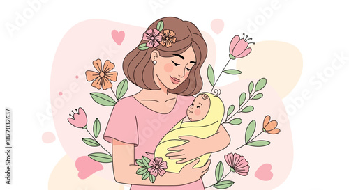 A heartwarming illustration of a mother tenderly holding her newborn child adorned with flowers